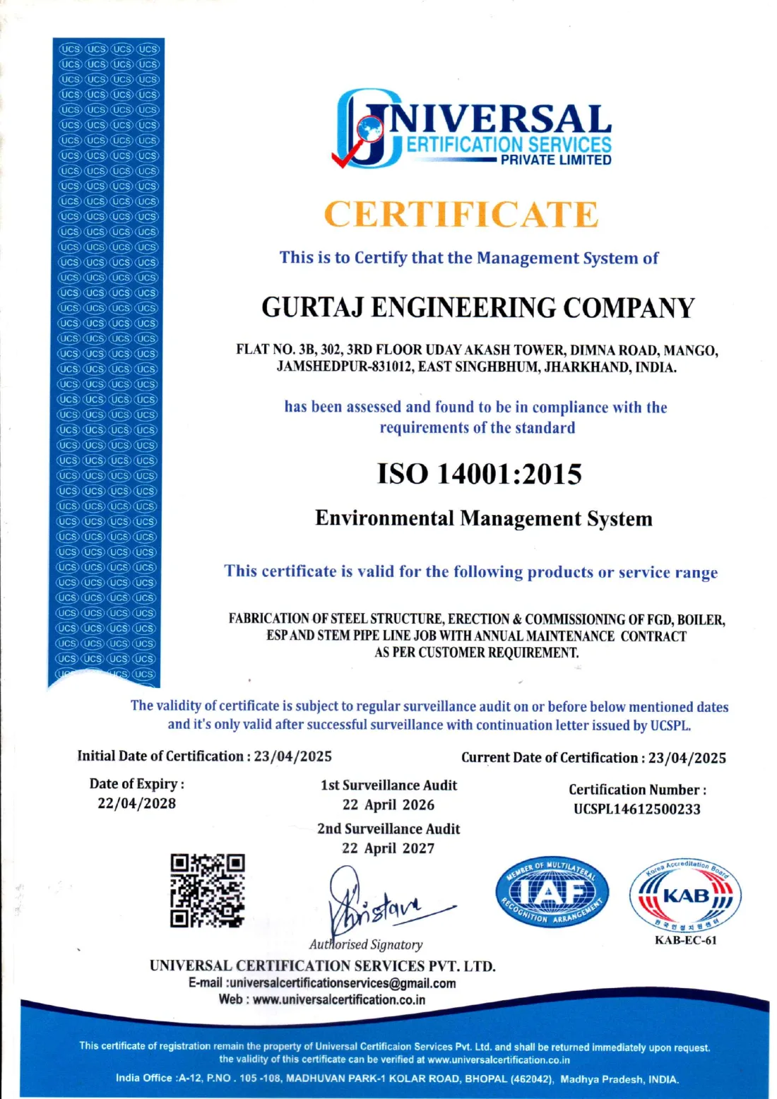 ISO 14001:2015 Environmental Management System certificate issued to Gurtaj Engineering Company