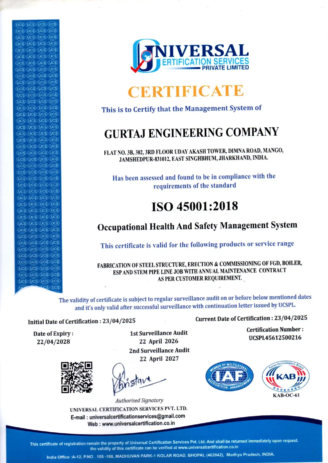 ISO 45001:2018 Occupational Health and Safety Management System certificate issued to Gurtaj Engineering Company