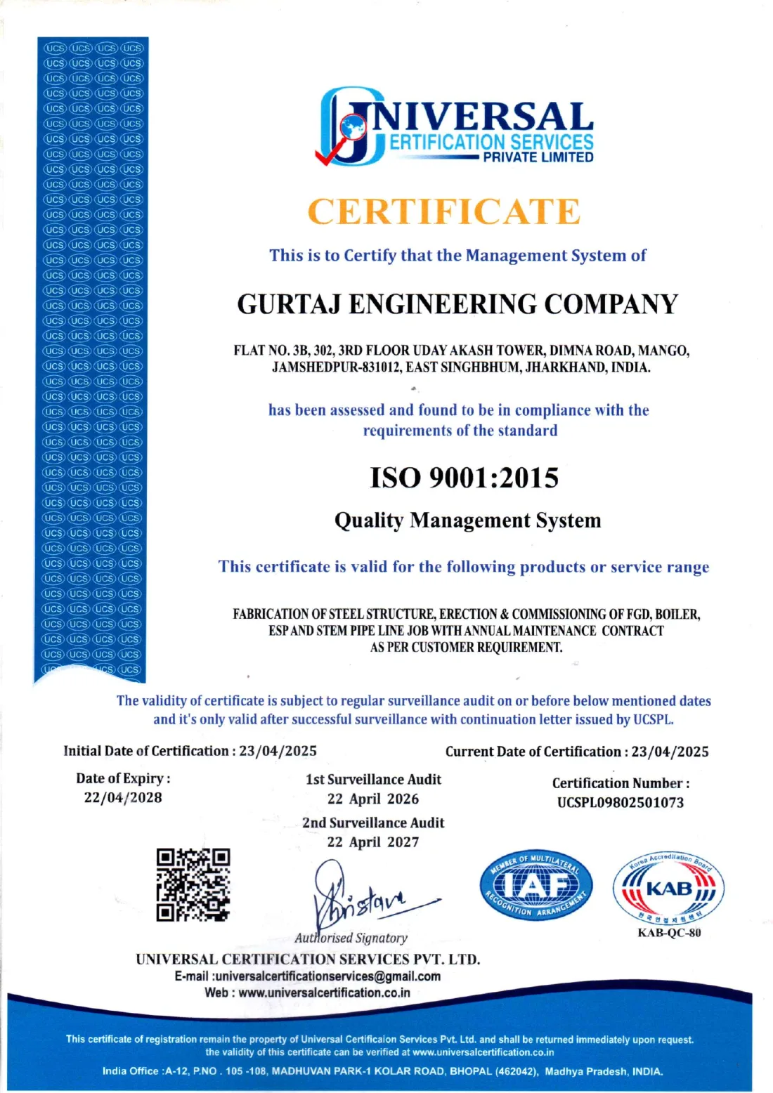 ISO 9001:2015 Quality Management System certificate issued to Gurtaj Engineering Company