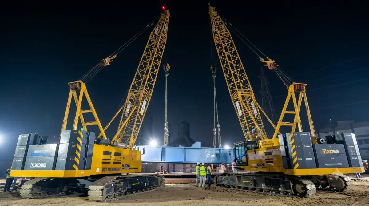 Tandem lift at night — two crawler cranes taking the load of a large vessel section between them