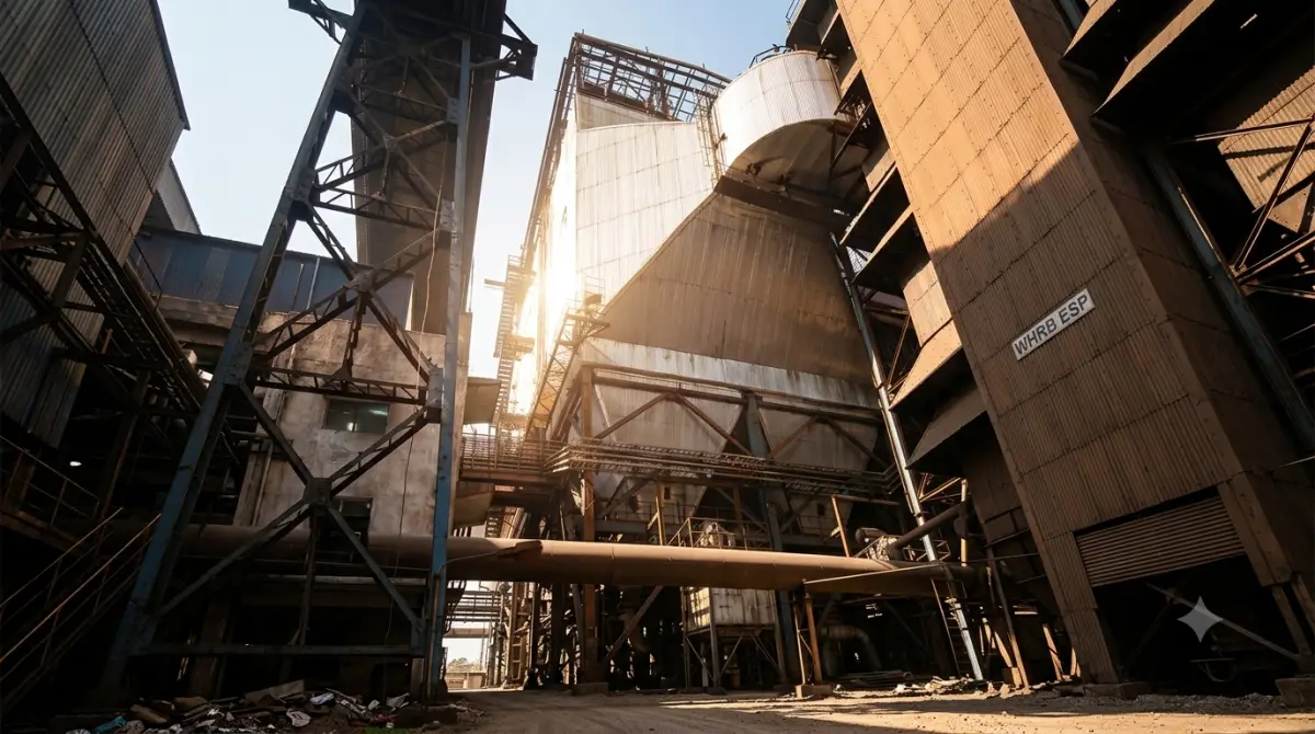 Backlit plant interior — silos, hoppers and conveyor structure between process buildings