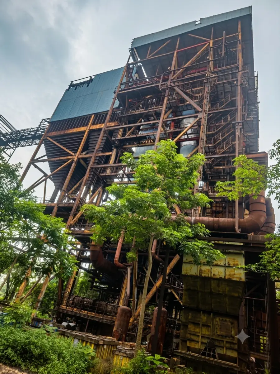 Weathered boiler structure and its supporting steel, part way through a revamp